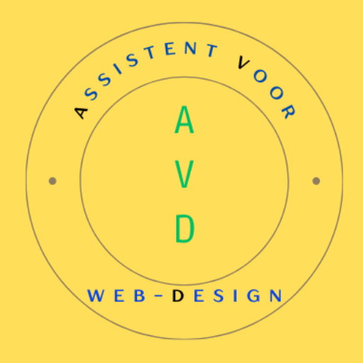 Rond Logo met de tekst Assistent voor Webdesign. Op een Gele vierkante achtergrond